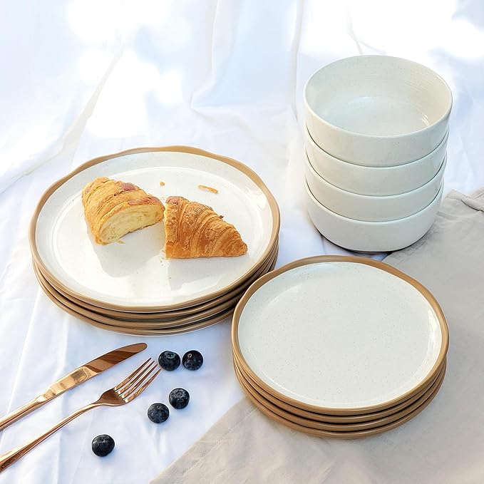 Lareina Plates and Bowls Set, 12 Pieces Ceramic Dinnerware Sets, Dishwasher Microwave Safe, Vanilla White
