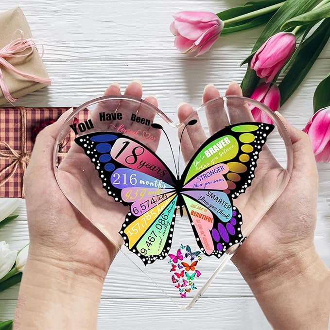 18th Birthday Gifts for Girls, Unique 18 Year Old Girl Gifts, 18 Birthday Decorations Heart Acrylic Plaque, 18 Year Old Birthday Presents Ideas for Her Daughter Granddaughter Sister Best Friends, Butterfly Desk Decor Sign