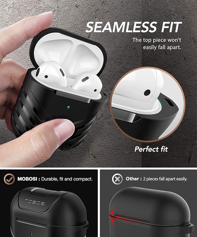 MOBOSI Military Cover Designed for AirPods 2 1, Full-Body Protective Vanguard Armor Series Case with Keychain, Wireless Charging Case, Black Front LED Visible