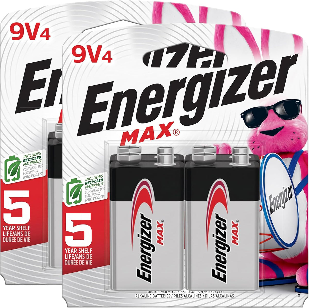 Energizer MAX 9V Batteries, 9 Volt Alkaline Batteries, 4 Count, (Pack of 2)