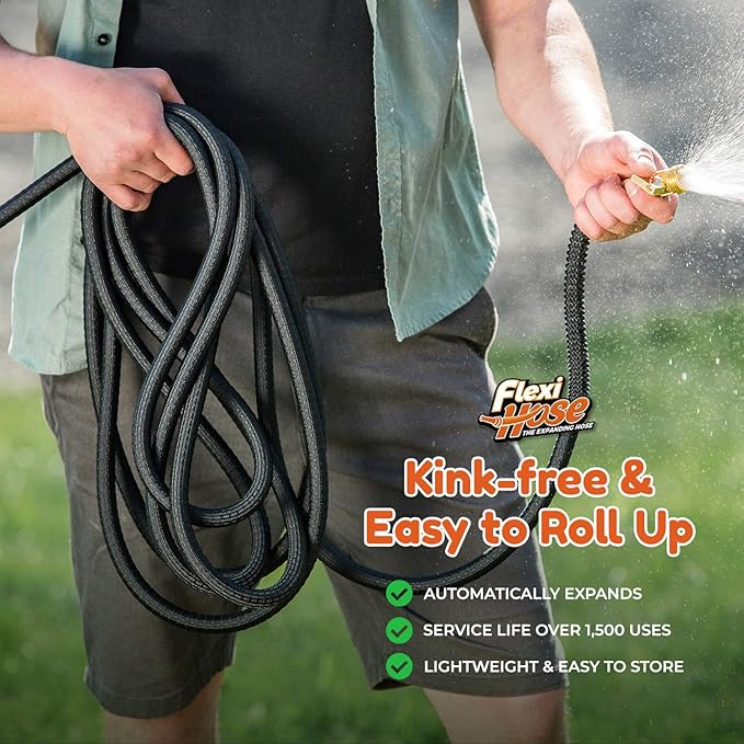 Flexi Hose Lightweight Expandable Garden Hose, No-Kink Flexibility, 34 Inch Solid Brass Fittings and Double Latex Core (25ft, Black)