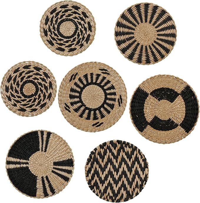 7 Pack Boho Wall Basket Decor, Hanging Woven Basket Wall Decor, Handmade Seagrass Rattan Wicker Wall Decoration, Round Rustic Bohemian Flat Seagrass Baskets for Home Living Room