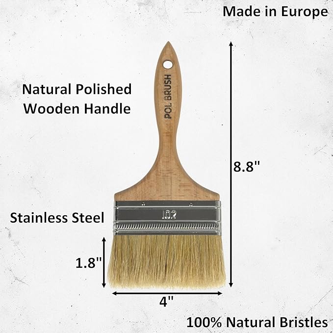 4 Inch Flat Paint Brush - High European Quality - Natural Bristles - for Home, Wood, Walls, Art, Trim Furniture - for Acrylic, Oil, Stain, Chalk Latex Paints