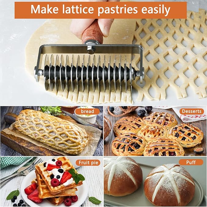 Stainless Steel Dough Lattice Top Cookie Pie Pizza Bread Pastry Crust Roller Cutter Holder Wooden Handle, Lattice Dough Cutter for Fishnet Crust