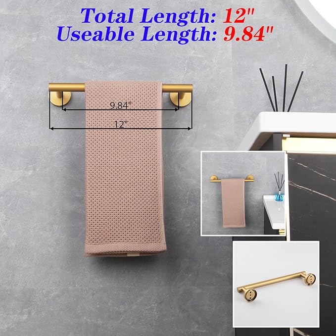 GERZWY 12-Inch Bathroom Towel Bar Modern Round Style Gold Stainless Steel Hand Towel Holder Wall Mount AG1101C30.5-BE