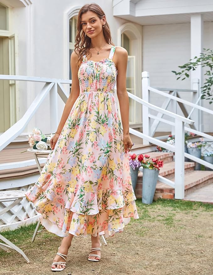 GRACE KARIN Women's 2025 Summer Floral Boho Dress Square Neck Strapped Swing A Line Sundress Beach Long Maxi Outfits