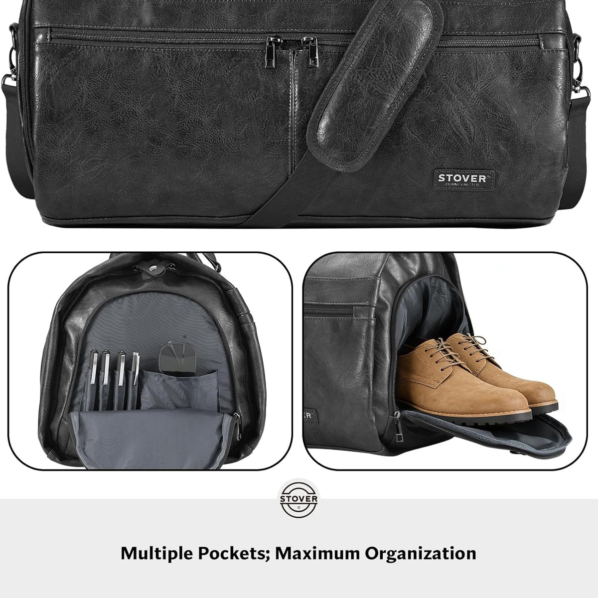 Garment Travel Duffle Bag, Large 2-in-1 Convertible Carry-on Luggage for Men & Women- Hanging Suits, Dresses & Clothes + Shoe Compartment- Weekender Tote Combo Duffel (Black Leatherette)