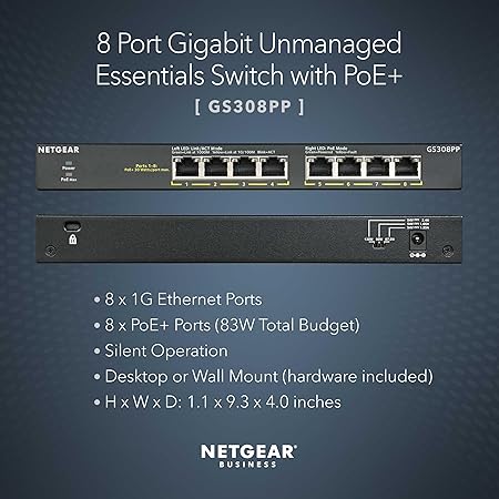 NETGEAR 8-Port PoE Gigabit Ethernet Unmanaged Essentials Switch (GS308PP) - with 8 x PoE 83W, Desktop or Wall Mount