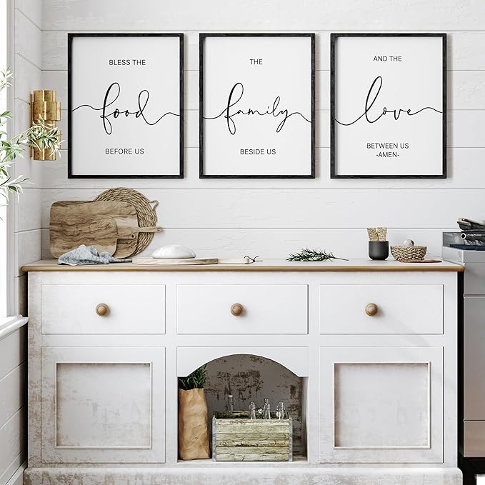 Heiple Set of 3 Framed Farmhouse Bless The Food Before Us Sign Kitchen Wall Decor for Dining Room Decor Wall Art Wood Signs