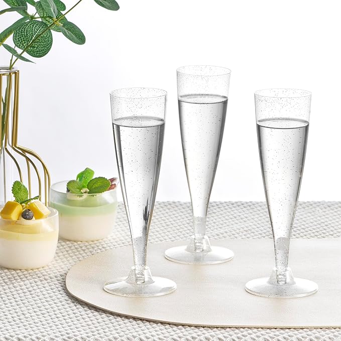Oasis Creations Plastic Champagne Flute Glasses Set 10 count- 4.5 ounce - Silver Glitter Stem Cups - 2 Pieces - Ideal for Birthday Party, Wedding Reception, Office Parties, and other Celebrations!