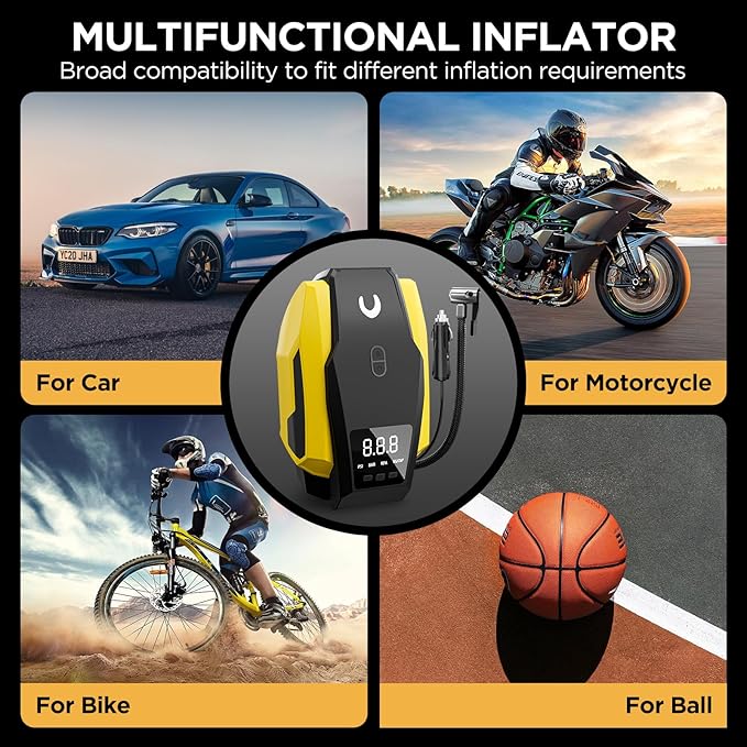 Tire Inflator Portable Air Compressor, Tire Air Pump for Car Tires, 12V DC 150PSI Auto Bike Pump with Digital Pressure Gauge&LED Light, Yellow, Large