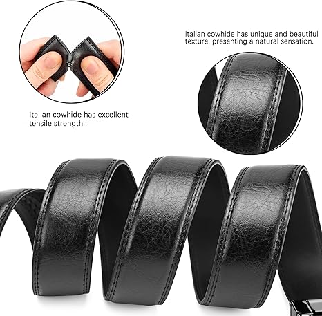 Mens Ratchet Belt Click Slide Black Leather Belt 1.38" Wide