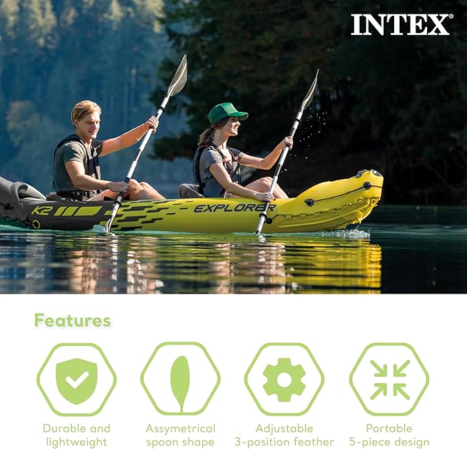 Intex 69629E 86" Kayak Paddle: Ribbed Spoon Shaped Blades Durable Lightweight Shaft Comfortable Grips 3-Position Feather Adjustability TUV RL Approved