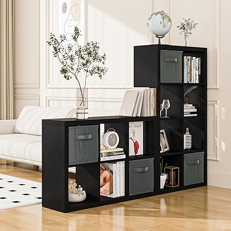 Bookshelf with Storage Bins, 8-Cube Storage Organizer with Back Panels, Modern Wood Open Bookcase, Multifunctional Display Shelf for Living Room, Bedroom, Home Office, Gray Oak