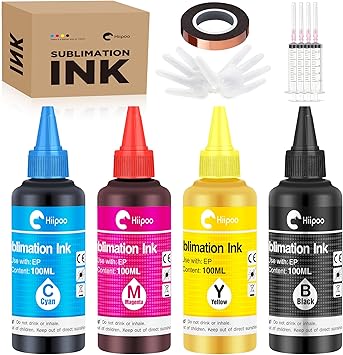Hiipoo Sublimation Ink Refilled Bottles with Heat Tape Refill for ET2400 XP4105 XP4100 ET2720 ET2760 ET2750 ET4800 ET-2800 ET-2803 ET-2850 Inkjet Printers Heat Press Transfer on Mugs T-Shirts