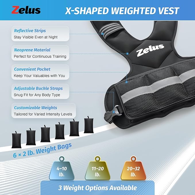 ZELUS Weighted Vest for Men and Women | 20-32lb Vest with 6 Ironsand Weights for Home Workouts | Adjustable Body Weight Vest Exercise Set for Cardio and Strength Training