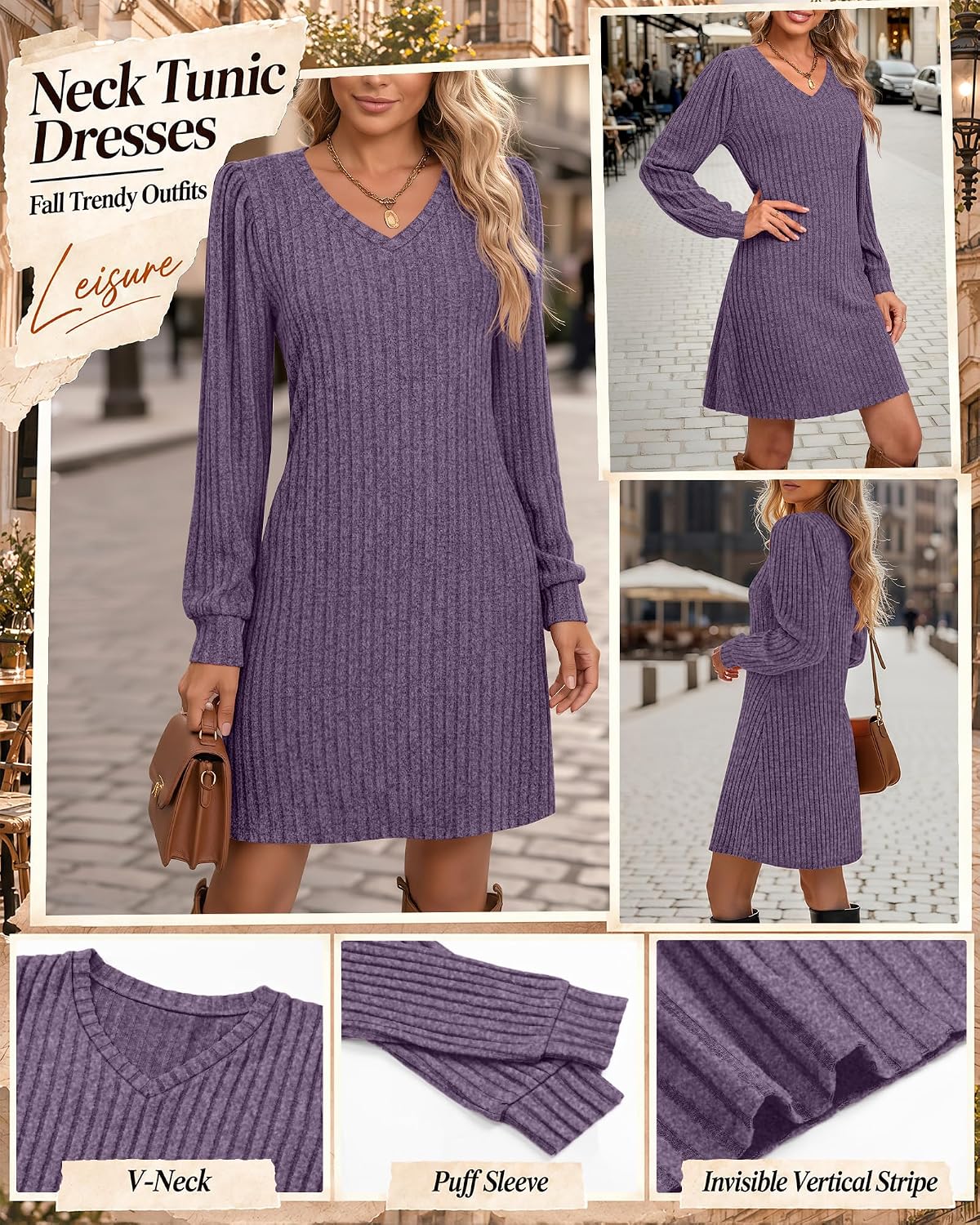 Ficerd Women's Knit Long Sleeve Sweater Dress Casual V Neck Tunic Dresses Fall Trendy Outfits