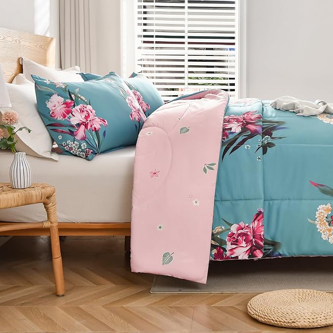 Shatex (86x82Inch 3 Piece Full Size Comforter Set Blue All Season Bedding Botanical Teal Floral - Ultra Soft 100 PolyesterAi 1 Full Comforter with 2 Pillow Shams(20x26Inch)