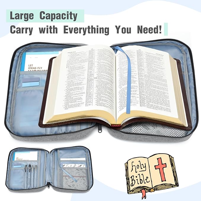 Bible Cover, Carrying Book Case Book Cover Church Bag with Handle and Zippered Pocket, Bible Protective Case w 200 PCs Bible Tabs for Men Women Mother Lady Girls (Gray)