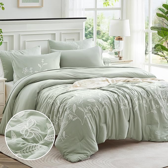 MaiRTMve Queen Size Comforter Sets, Embroidery Queen Bedding Sets 7 Pieces, Sage Green Comforter Set Queen Size, All Season Bed in A Bag Queen with Sheets, Comforter,Pillowcase Shams