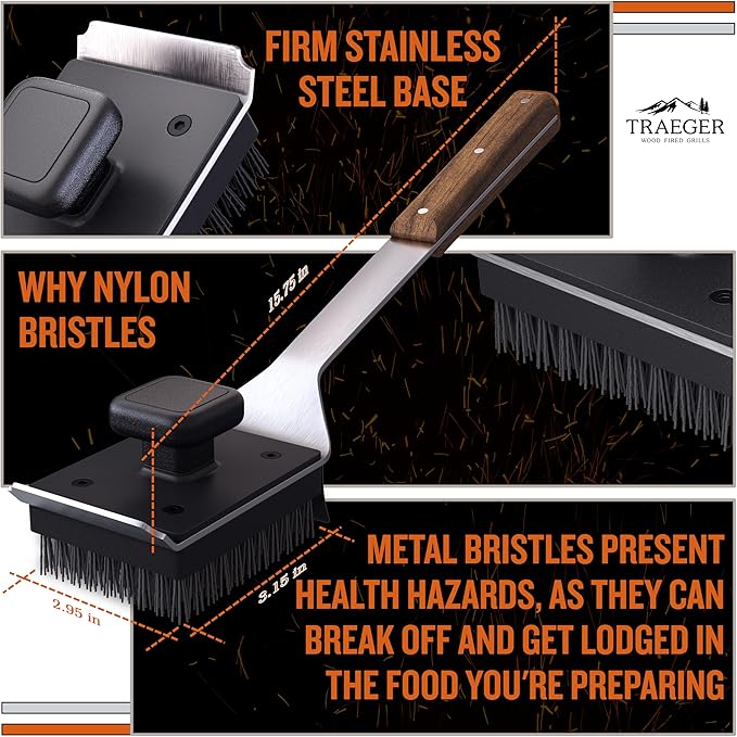 Traeger Grills BAC537 BBQ Cleaning Brush for Outdoor Grill Ai Stainless Steel Grill Scraper with Nylon Bristles, Teak Wood Handle, Dual Grip Design, and Hanging Loop