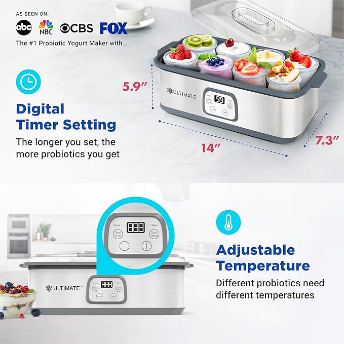 Ultimate Probiotic Yogurt Maker with Adjustable Temperature & Time Control - Make Trillions of Live Probiotics & Get Better Gut Health - LIFETIME WARRANTY - Perfect Wellness Gifts for Men & Women