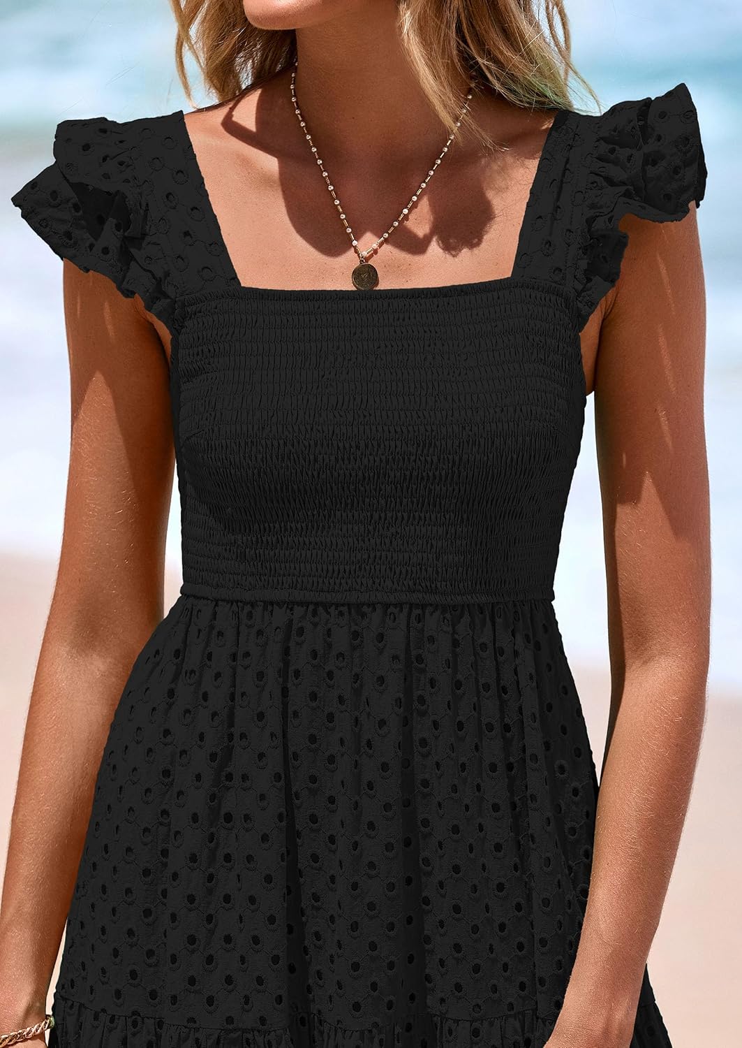 Womens Summer Square Neck Maxi Dresses Cap Sleeve Eyelet Smocked Tiered A Line Flowy Long Dress with Pockets
