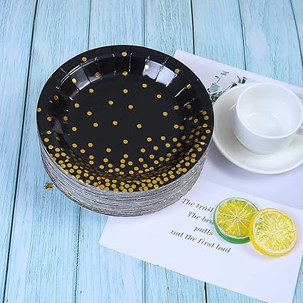 Aneco 60 Pieces 7 Inches Black Bronzing Disposable Paper Plates Dinnerware Plates Gold Foil Polka Dot Plates for Party Graduation Wedding Anniversary Birthday