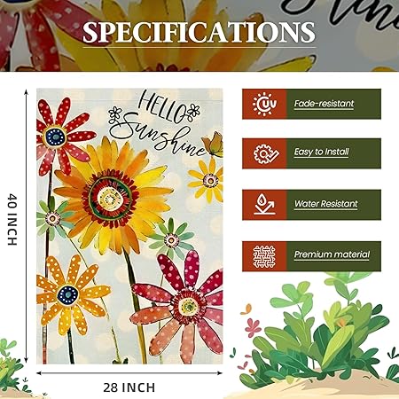 Summer Flowers House Flags for Outdoor, Hello Sunshine Sunflower Daisy Yard Flags for Outside,Seasonal Decorative Flag for Farmhouse Holiday Decoration 28x40 Inch Double Sided
