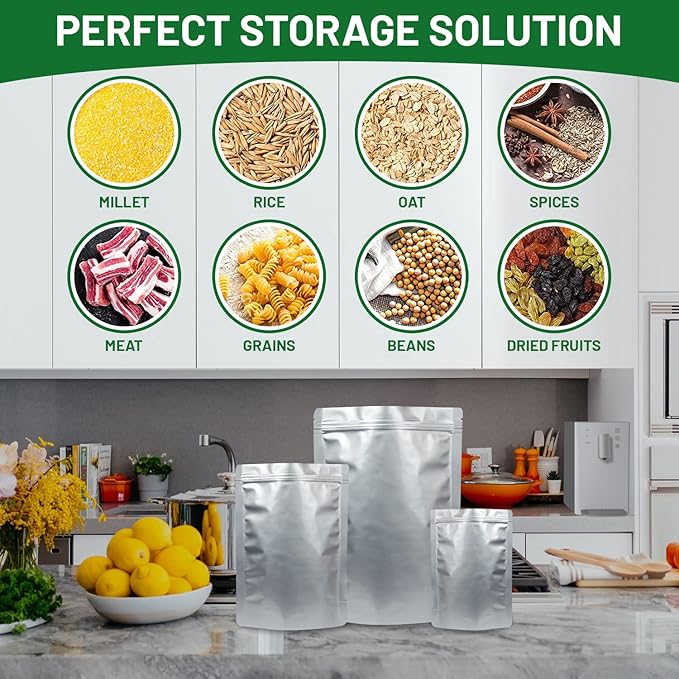 PoshMax Resealable Mylar Bags - Extra Thick Mylar Bags for Food Storage in 3 Sizes, Gallon, Quart and Small Food Safe Mylar Ziplock Bag with Oxygen Absorbers for Food Storage 500cc 100 Pack