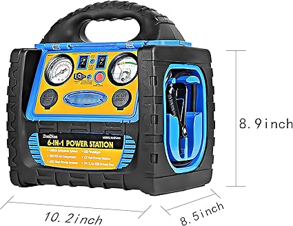 6-in-1 1800Amp Jump Starter with Air Compressor, 12V Car Battery Jumper 260PSI Tire Inflator, Portable Power Station 110V 400W Power Inverter USB DC AC Outlet, Auto Battery Booster Cables
