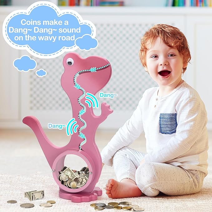 Wooden Dinosaur Piggy Bank Boalord for Boys Kids Girls Clear Big Belly Animal Coin Bank for Toddler Real Money ToyOoaDino-PinkOoa