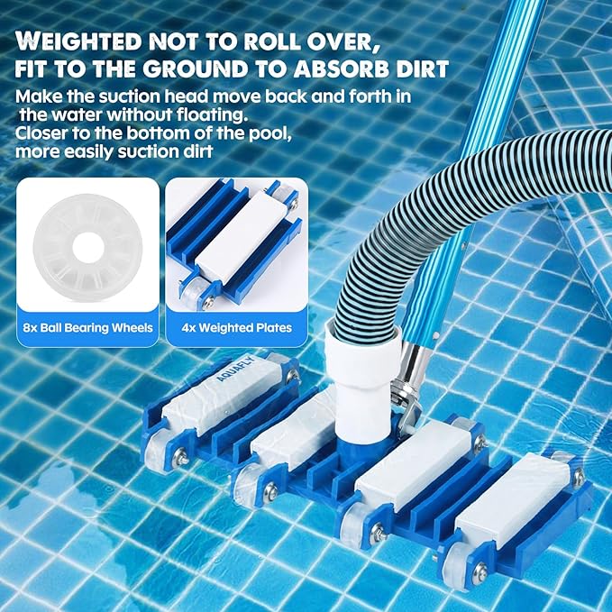 Pool Vacuum Head, Manual Cleaning Vacuum with Wheels 14'' Heavy Duty Handle Pool Vacuum Heads for Inground Above Pools with Flexible Swivel, Swimming Pool Head for Absorb