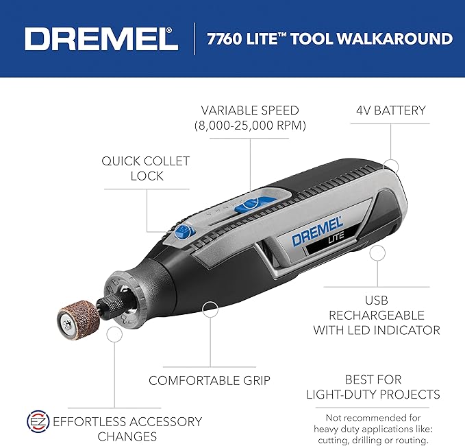 Dremel Lite 7760 N/10 4V Li-Ion Cordless Rotary Tool, Variable Speed Multi-Purpose Kit, USB Charging, Easy Accessory Changes - Perfect For Light-Duty DIY & Crafting, Sanding, Engraving and Polishing