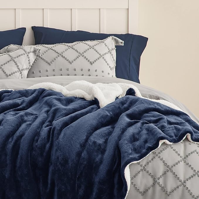 Bedsure Sherpa Fleece Blankets Queen Size for Bed - Thick and Warm, Soft Fuzzy Plush Queen Blanket for Winter, Navy, 90x90 Inches