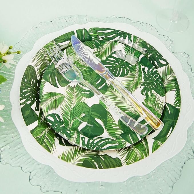 Efavormart 25 Pack 9" Tropical Palm Leaf Mix Dinner Disposable Paper Plates - 300 GSM