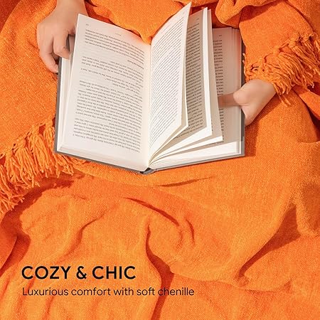 RECYCO Throw Blanket Soft Cozy Chenille Throw Blanket with Fringe Tassel for Couch Sofa Chair Bed Living Room (Orange, 50'' x 60'')