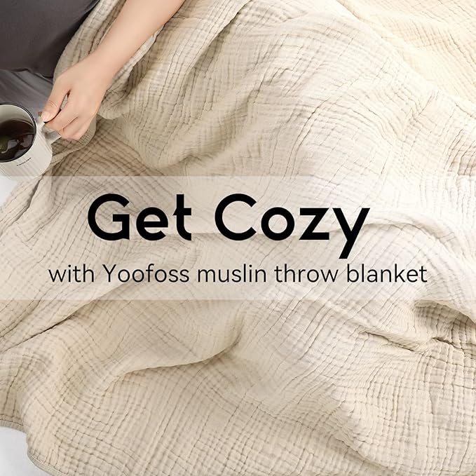 Yoofoss Muslin Blanket 100% Organic Cotton Throw Large 50" x 60" for Bed Couch Summer Gauze Blanket for Adults Lightweight and Breathable Apricot White