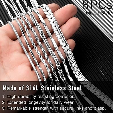 Stino 8PCs7PCs Stainless Steel Chain Necklace for Men Women - Bulk Silver Tone Necklace Chains for Jewelry Making, Figaro, Snake, Cuban Link, Rope
