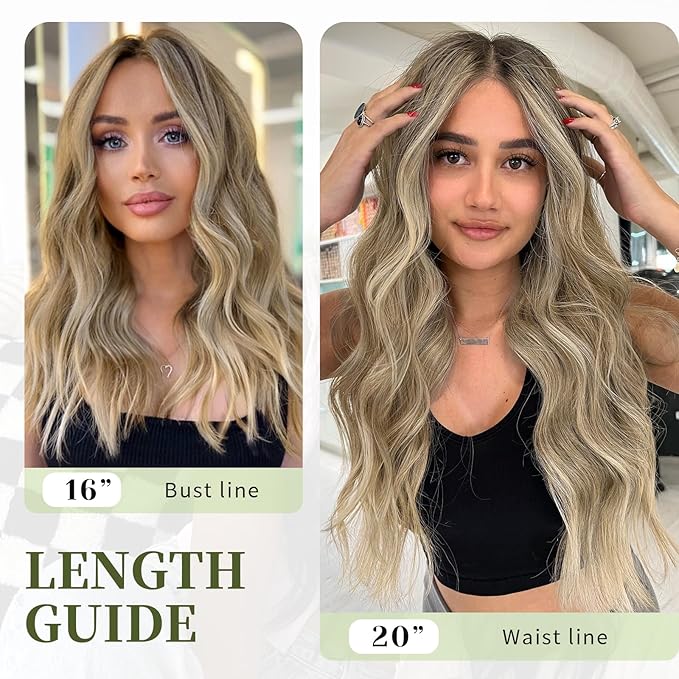 KooKaStyle Invisible Wire Hair Extensions with Transparent Wire Adjustable Size 4 Secure Clips Long Wavy Secret Synthetic Hairpiece 20 Inch for Women(Ash Brown mix Bleach Blonde)