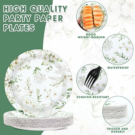 48PCS White Floral Party Paper Plates 7In Wildflower Party Decorations Spring Blossom Flowers Dinner Plates Greenery Disposable Tableware for Wedding Bridal Baby Shower Birthday Party Supplies