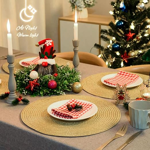 AHHFSMEI Round Braided Christmas Placemats 15 Inch Round Table Mats for Dining Tables Woven Heat Resistant Place mats Set of 6 (Gold Shine)
