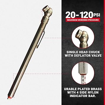 Milton S-925 Pencil Tire Pressure Gauge for Trucks, RVs Bicycle Tires, Single Head Chuck with Built-in Deflator Valve, Durable Plated Brass, Pressure Measured in PSI kPa