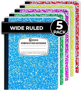 5 Pack Composition Notebook Wide Ruled, 200 Pages (100 Sheets), 9-34x7-12, Notebooks for Work, Back to School Supplies, Hard Cover Composition Books, Notebooks for Women, Colors May Repeat