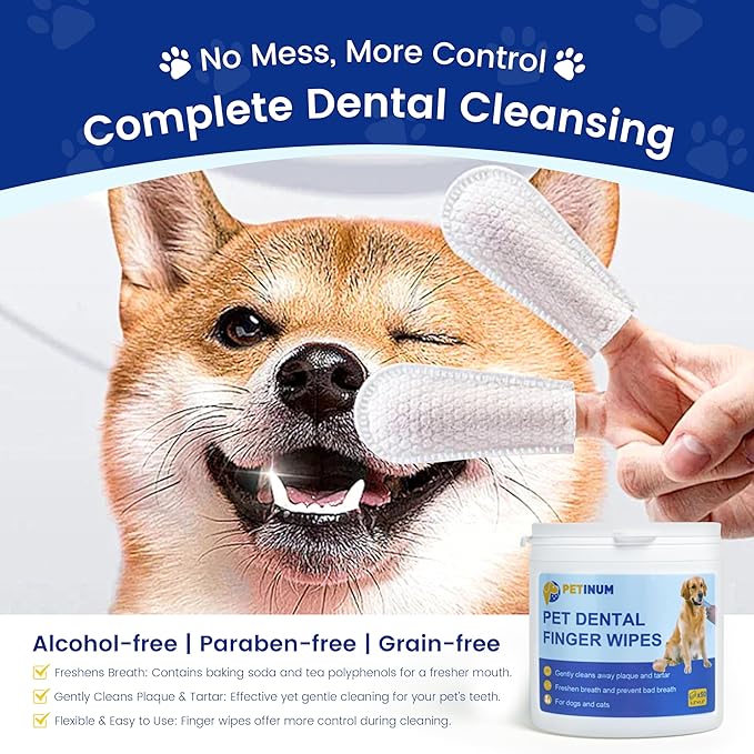 Pet Dental Care Finger Wipes, Reduces Plaque Freshens Breath, Lick Safe Teeth Cleaning Finger Wipes, Dogs Cats Toothbrushing Supply, Unscented, 50 Count