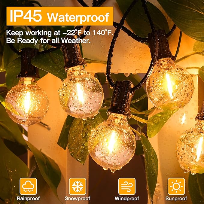 Ollny 50FT Outdoor String Lights, Waterproof Connectable Shatterproof Outside Light with 25 Edison 2 Spare LED Bulbs Plug in, Patio Lights for Indoor Balcony Porch Camping Deck