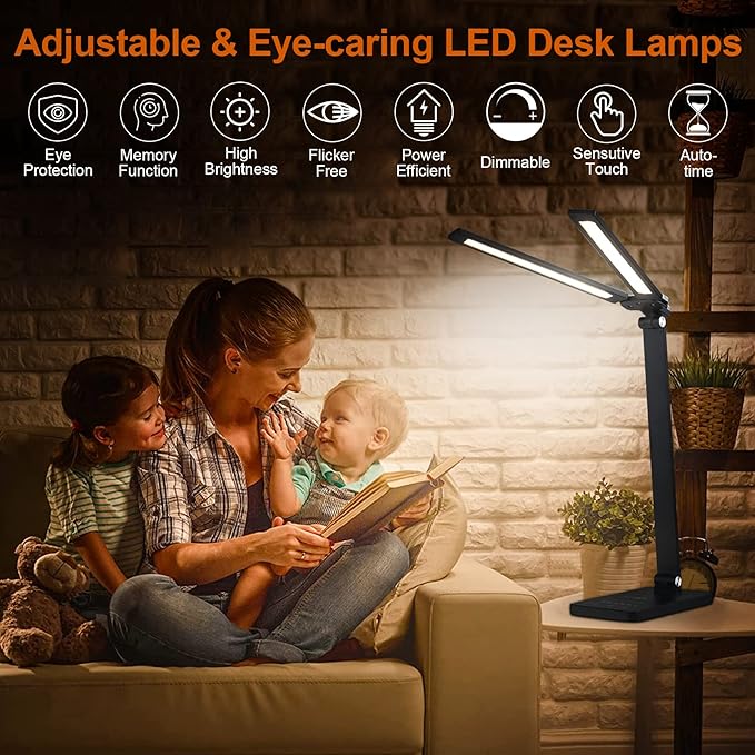 NUNET LED Desk Lamps for Home Office,Piano Lamp for Upright Piano,Rotatable Aluminum Desk Lamps with USB Charging Port,Eye-Caring Reading Light (Glossy Black)