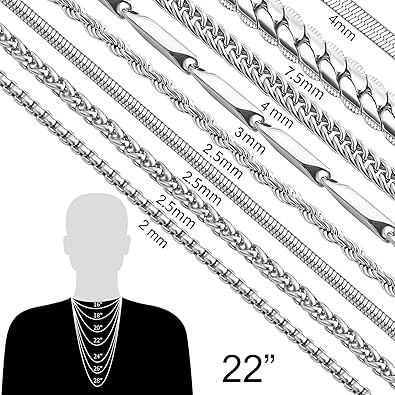 Stino 8PCs7PCs Stainless Steel Chain Necklace for Men Women - Bulk Silver Tone Necklace Chains for Jewelry Making, Figaro, Snake, Cuban Link, Rope