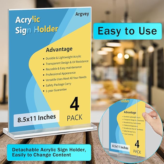 4-Pack Acrylic Sign Holder, 8.5 x 11 Inch Vertical T Shape Table Display Stand, Double-Sided Clear Plastic Sign Holders for Paper, Menu, and Flyer, Ideal for Home, Office, Restaurants, and Stores