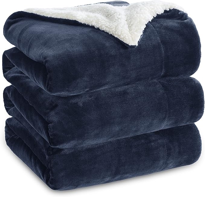 Bedsure Sherpa Fleece Blankets Queen Size for Bed - Thick and Warm, Soft Fuzzy Plush Queen Blanket for Winter, Navy, 90x90 Inches